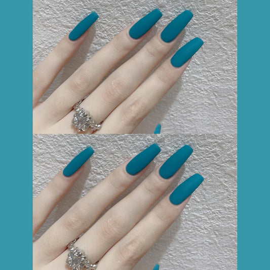 Ocean Breeze Long Coffin Matte Teal Press On Nail Set with Easy Application Feature