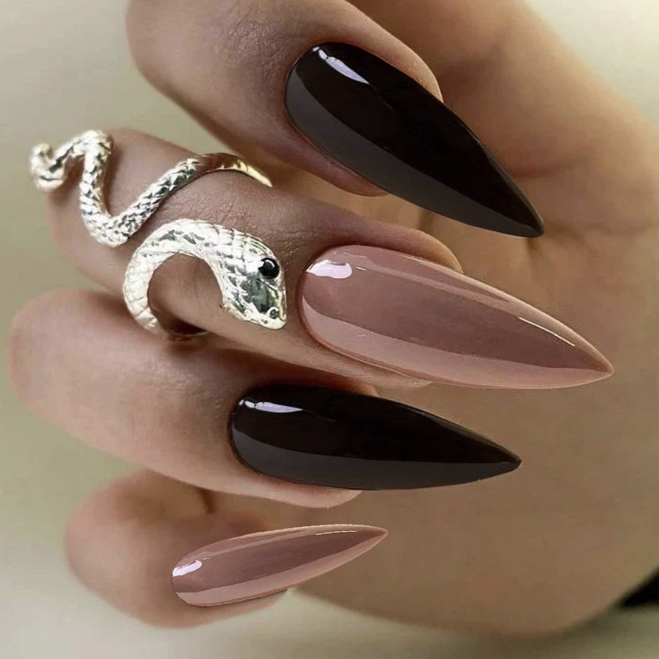 Sophisticated Elegance Long Stiletto Brown Gradient Press On Nail Set with Unique Serpentine Accent