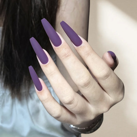 Elegant Evening Glamour Long Coffin Matte Purple Press On Nail Set