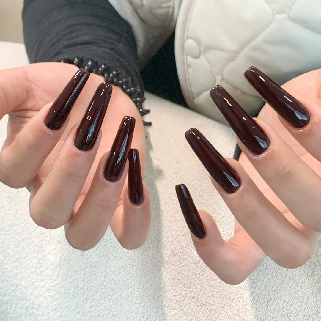 Gothic Elegance Long Coffin Shaped Deep Burgundy Glossy Press On Nail Set with Stunning Shine