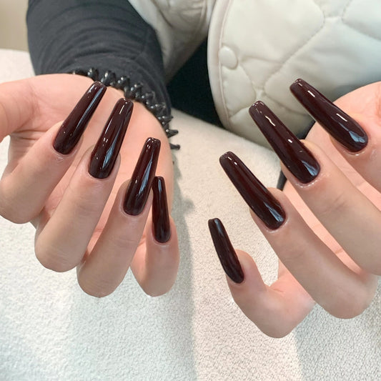 Gothic Elegance Long Coffin Shaped Deep Burgundy Glossy Press On Nail Set with Stunning Shine
