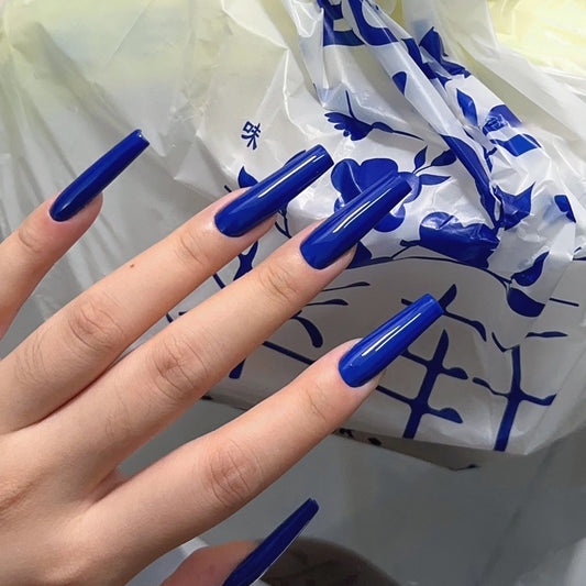 Mystical Ocean Dream Long Square Royal Blue Press On Nail Set with High Gloss Finish