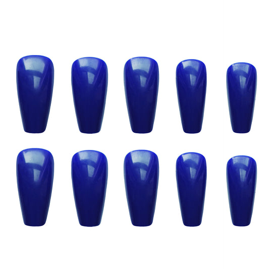 Celestial Charm Long Coffin Shape Deep Blue Glossy Press On Nail Set with Unique Shine Feature