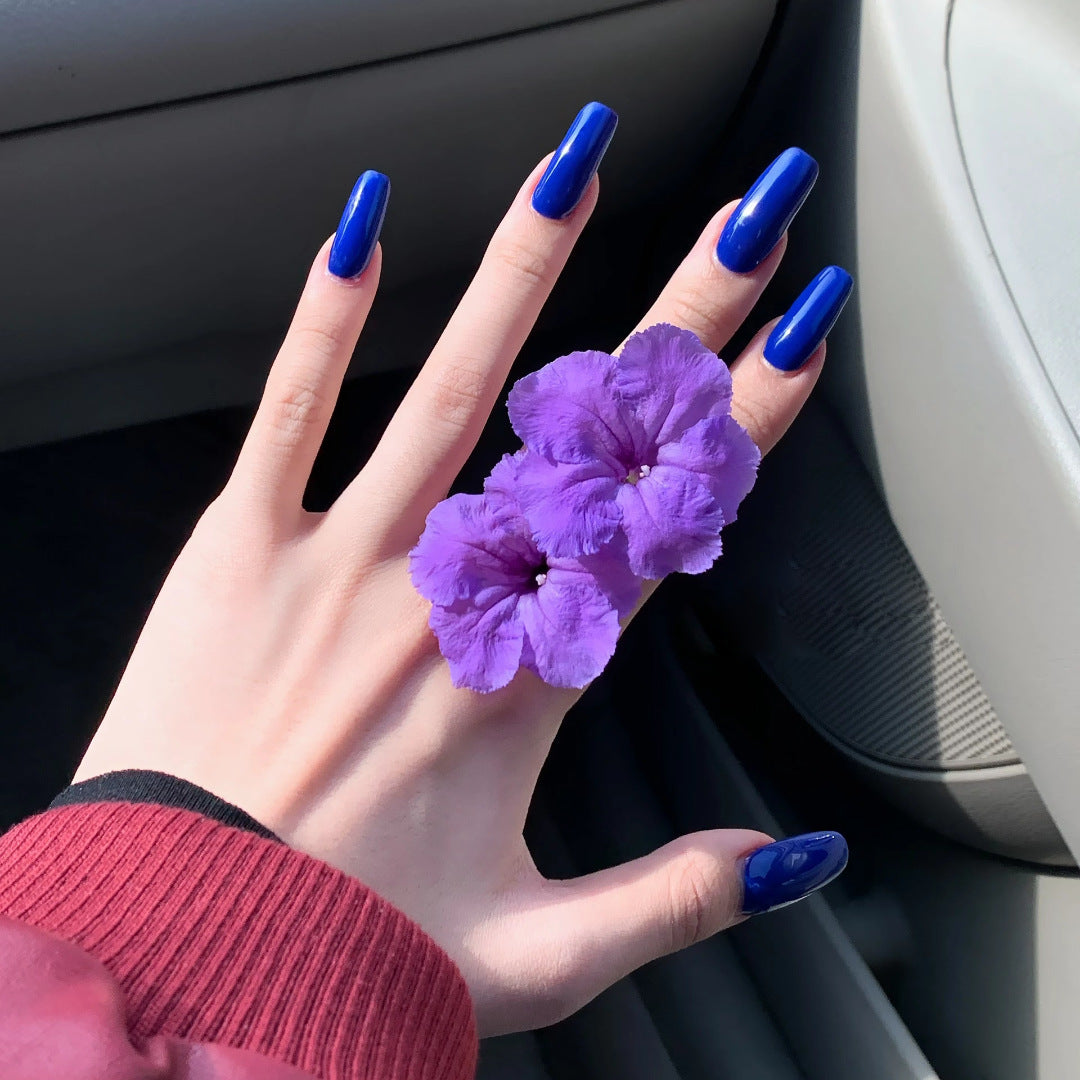 Floral Elegance Long Coffin Shape Bold Blue High Gloss Press On Nail Set