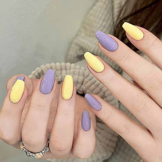Charming Spring Elegance Long Coffin Shape Purple and Yellow Press-On Nail Set with Glitter Accents