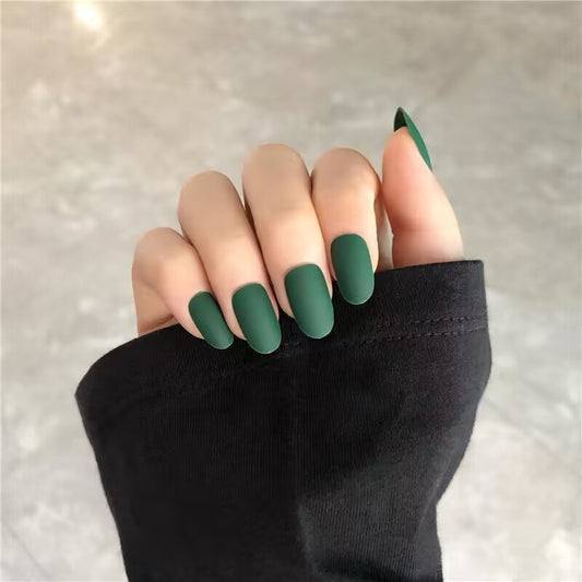 Enchanted Forest Medium Oval Olive Green Matte Finish Press On Nail Set