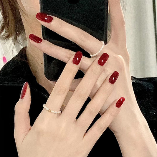 Glamorous Elegance Medium Square Burgundy High Shine Press On Nail Set