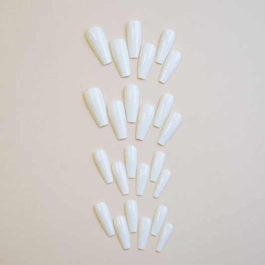 Ethereal Elegance Long Coffin White Glossy Press On Nails with a Stunning Sleek Finish
