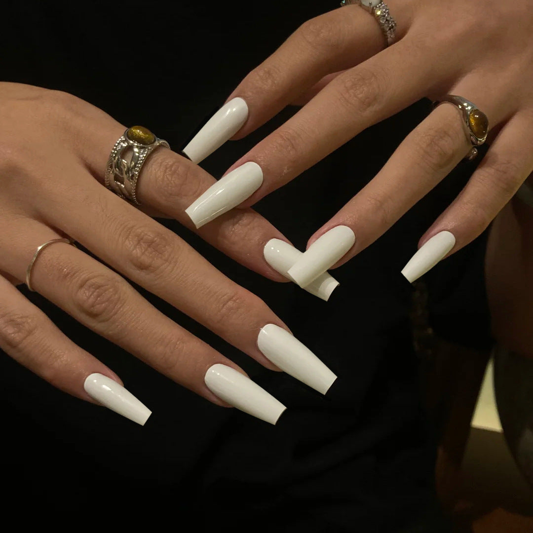 Dreamy Elegance Long Square White Glossy Press On Nail Set with Stunning Shine