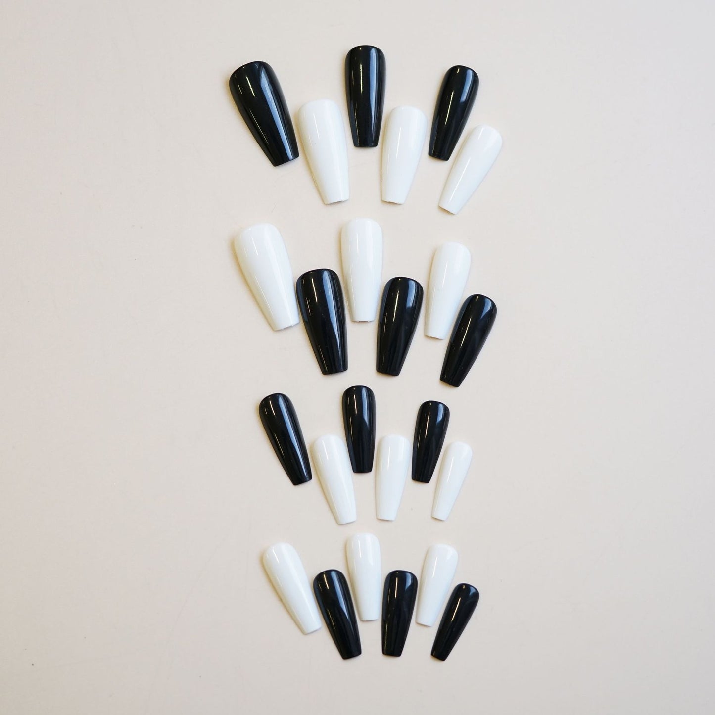 Chic Monochrome Elegance Long Coffin Shaped Glossy Black and White Press On Nail Set with Reusable Design