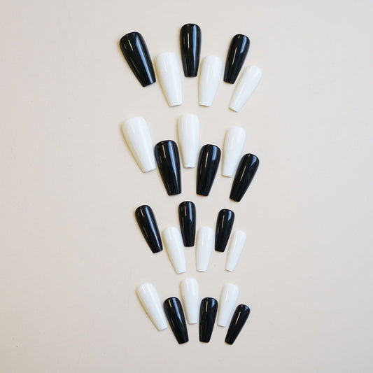 Chic Monochrome Elegance Long Coffin Shaped Glossy Black and White Press On Nail Set with Reusable Design