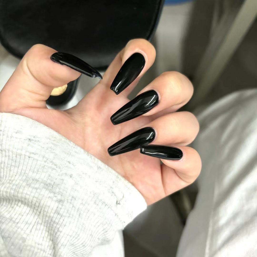 Mystical Midnight Glossy Long Coffin Black Press On Nail Set with Unique Shine
