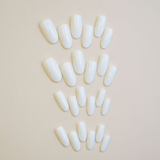 Elegant Oasis Glossy Long Oval White Press On Nail Set with Extra Strength Adhesive