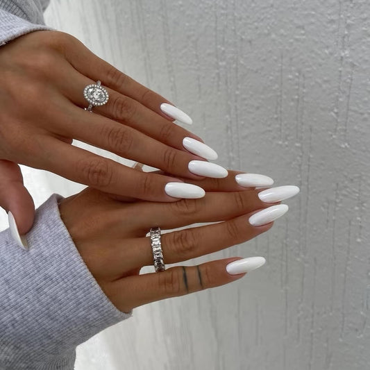 Elegant Dream White Long Oval Press On Nail Set with Shine Finish