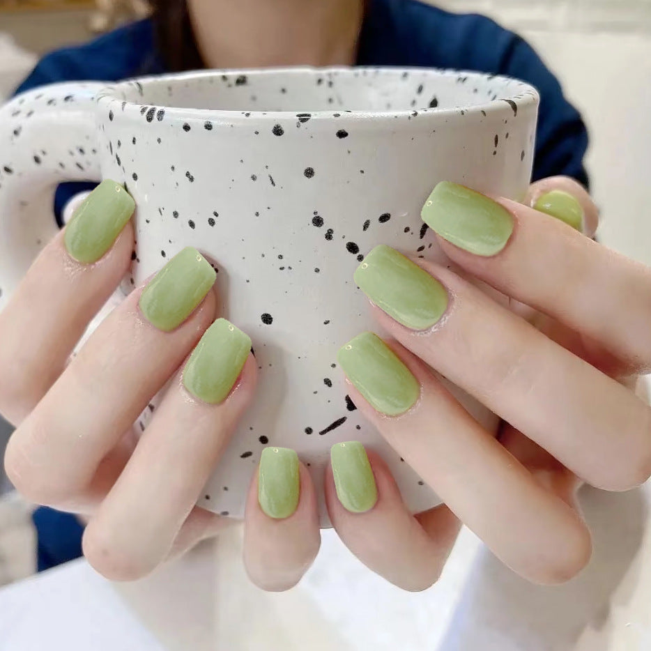 Botanical Bliss Medium Square Green Glossy Press On Nail Set with Elegant Shine