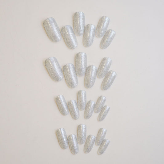 Celestial Sparkle Medium Oval Silver Glitter Press On Nail Set with Iridescent Shine