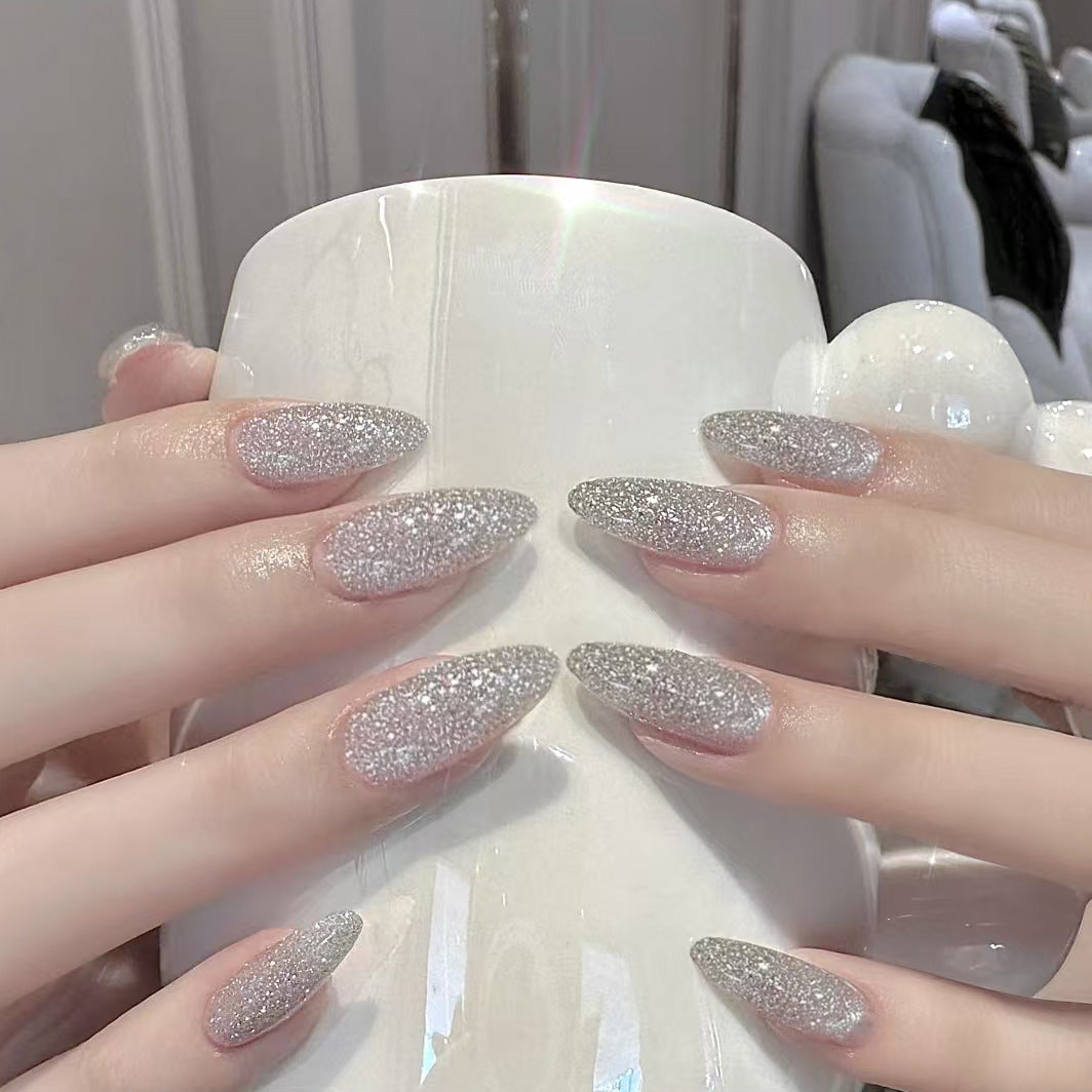 Enchanted Sparkle Medium Almond Shimmering Silver Glamour Press On Nail Set