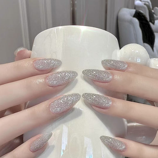 Enchanted Sparkle Medium Almond Shimmering Silver Glamour Press On Nail Set