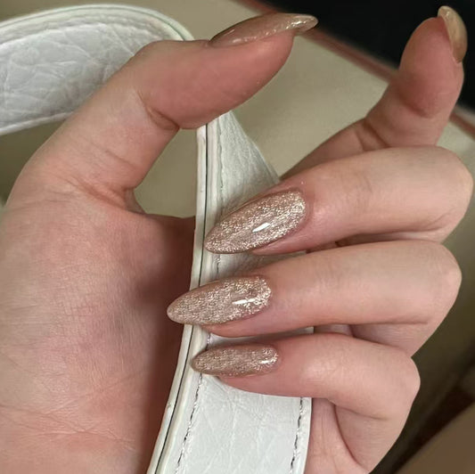 Glamorous Elegance Long Almond Shaped Shimmering Rose Gold Press On Nail Set