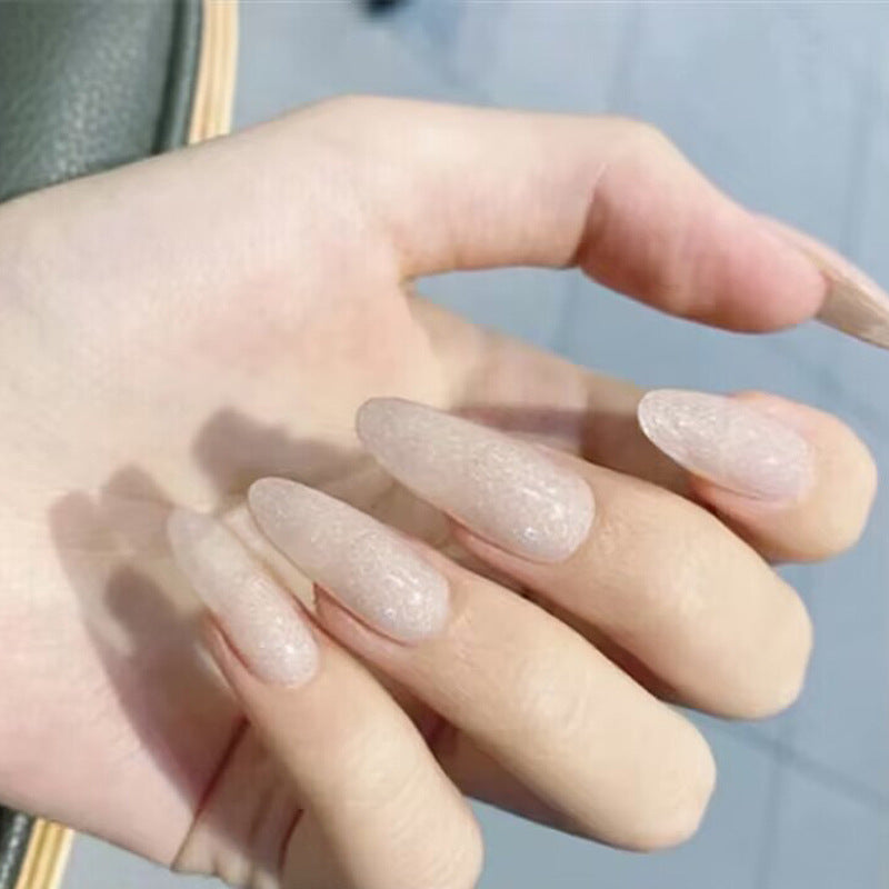 Enchanting Elegance Long Almond Shaped Translucent Pink Press On Nail Set with Glitter Finish