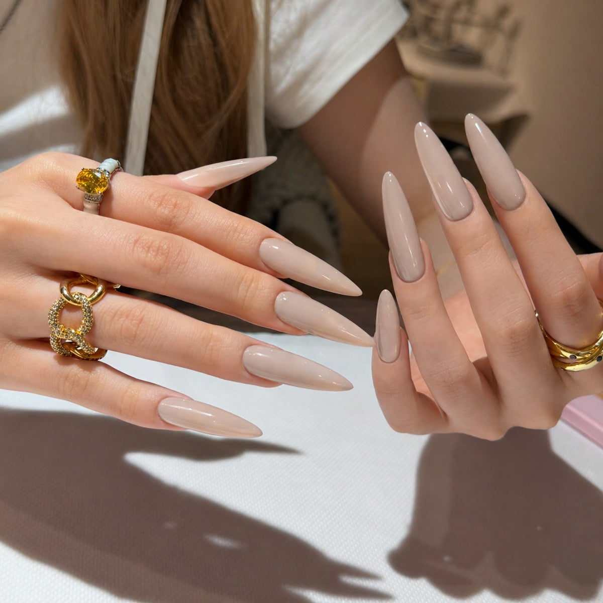 Glamorous Fantasy Long Almond Beige Press On Nail Set with Glossy Finish