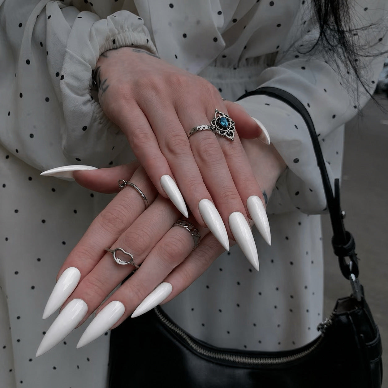 Gothic Elegance Long Coffin White Press On Nail Set with Glossy Finish