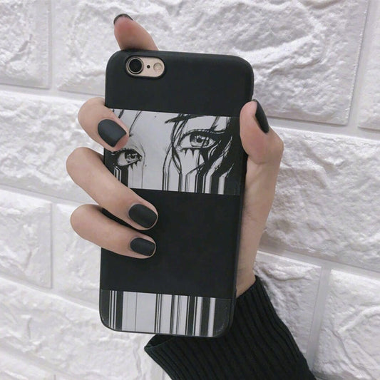 Manga Mania Short-Length Square Shape Matte Black Press On Nails with Artistic Anime Design