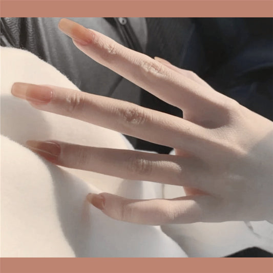 Elegant Sunset Coffin Press on Nail Set Long Coffin Beige Color with Gradient Finish