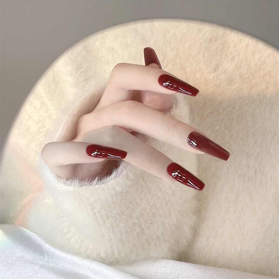 Gothic Elegance 2 Long Coffin Shaped Burgundy Press On Nails with Shiny Finish and Unique Glitter Design