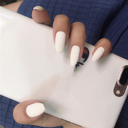 Elegant Affair Long Almond Matte White Press On Nail Set with Dual-Tone Accent