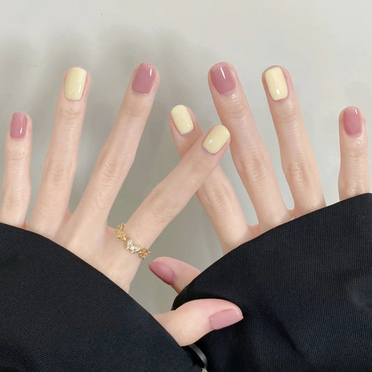 Elegant Ombre Collection - Short Length Square Shaped Press On Nail Set in Pastel Pink and Cream Colors with Dual Tone Design