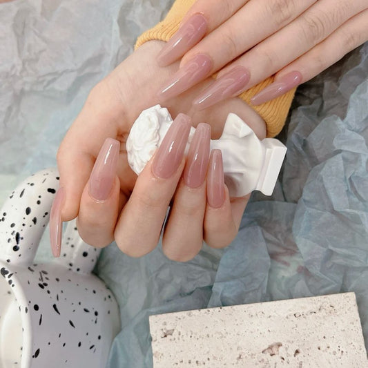 Elegant Affair Extra-Long Coffin Beige Press On Nail Set with Glossy Finish