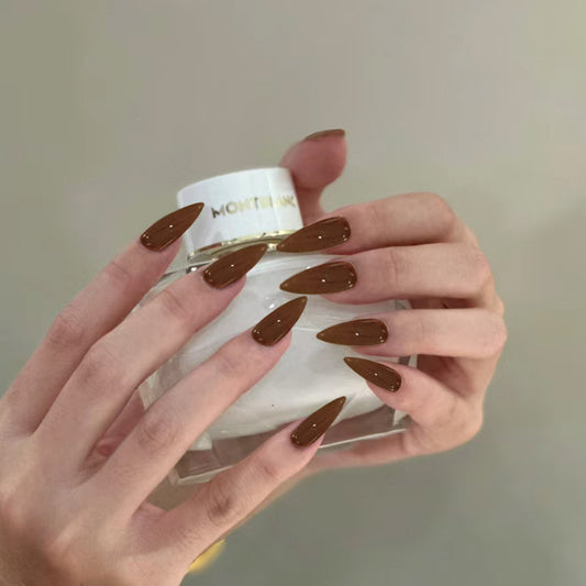 Autumn Elegance Long Almond Chocolate Brown Glitter Accent Press On Nail Set