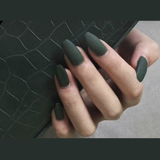 Enchanted Forest Matte Olive Green Medium Coffin Press On Nail Set with Textured Accent Design