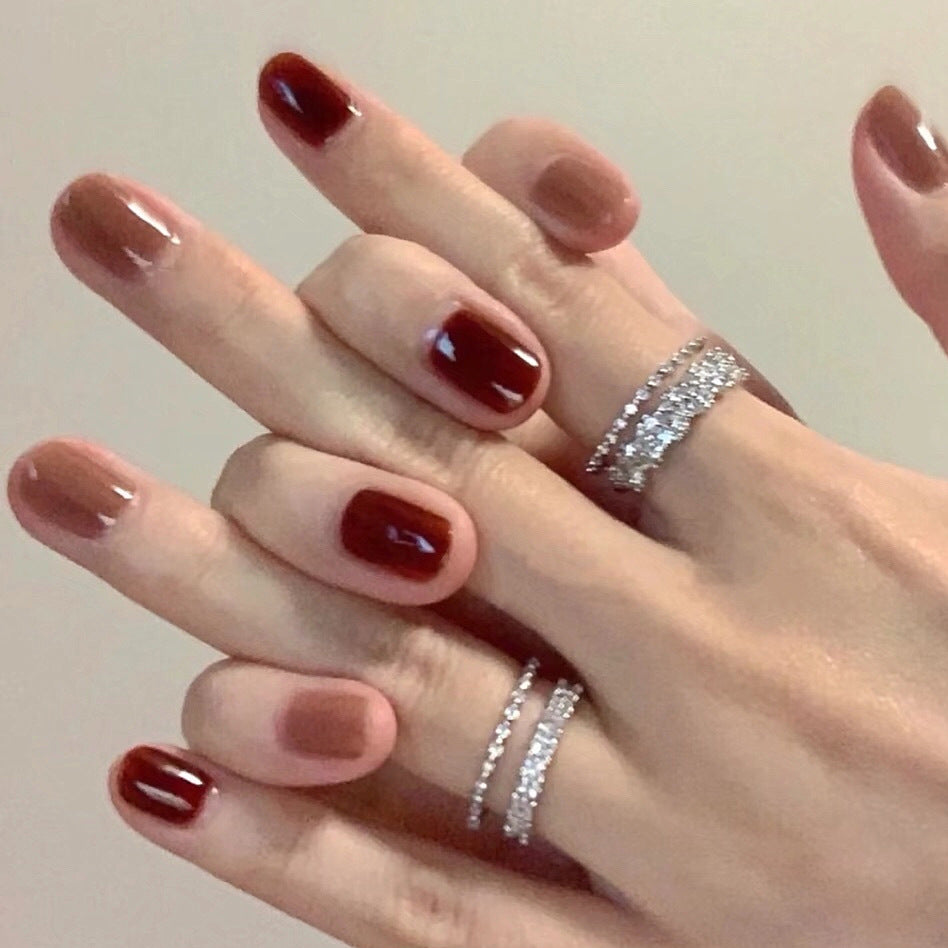 Elegant Evening Medium Squoval Burgundy Press On Nails with Glossy Finish Set