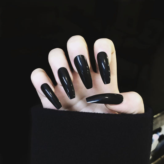 Elegant Midnight Charm Long Coffin Black Glossy Press On Nail Set