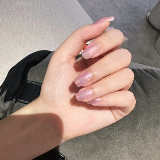 Dreamy Romance Medium Square Pink Gel Press On Nail Set with Iridescent Shine
