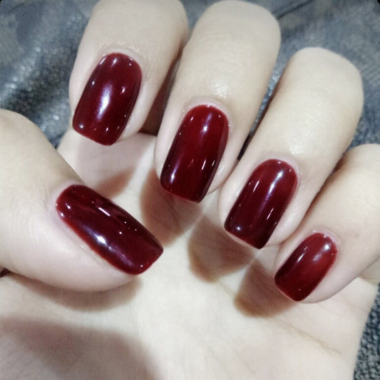 Elegant Bordeaux Medium Square Deep Red Press on Nail Set with High Gloss Finish