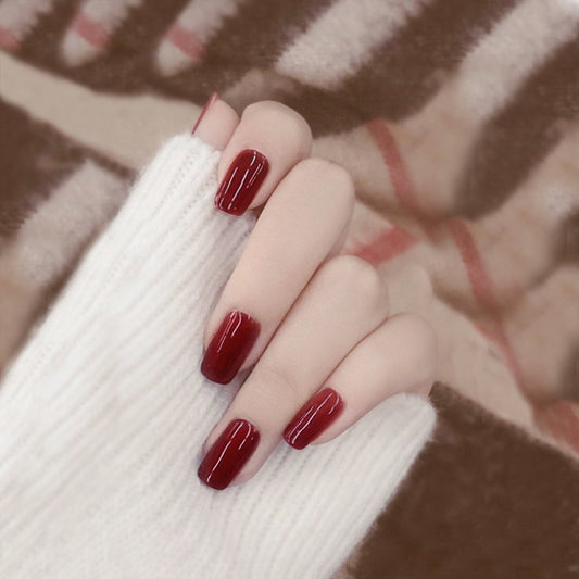 Elegant Soiree Burgundy Medium Length Square Press On Nails with High Gloss Finish