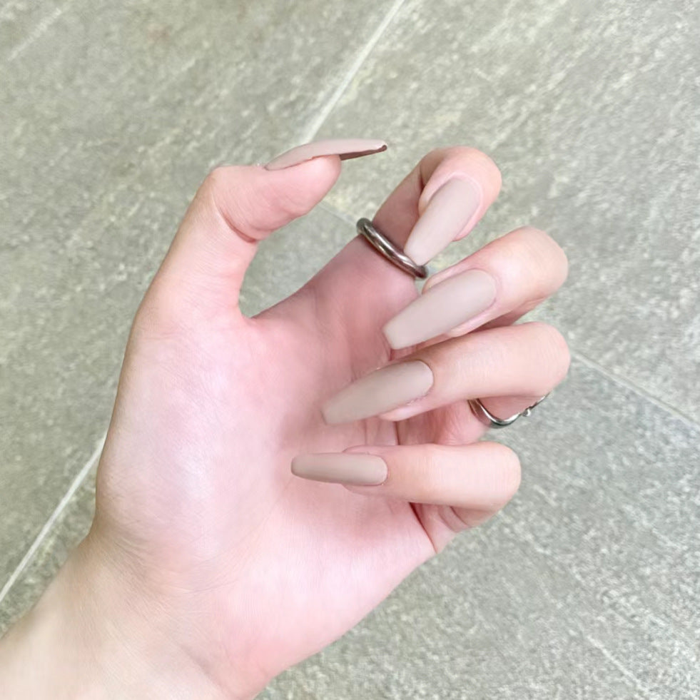 Elegant Whisper Long Length Coffin Shaped Beige Press On Nails with Matte Finish