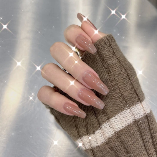 Starry Elegance Extra Long Coffin Beige Glitter Accent Press On Nail Set