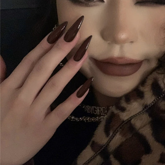 Elegant Autumn Vibes Long Stiletto Brown Press On Nails with Glossy Finish