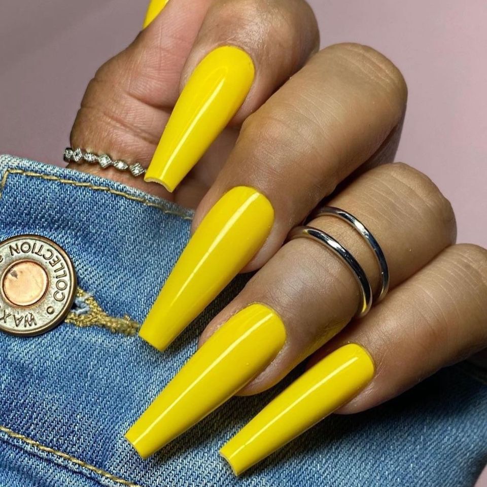 Sunshine Chic Extra-Long Coffin Bright Yellow Press On Nails with Glossy Finish
