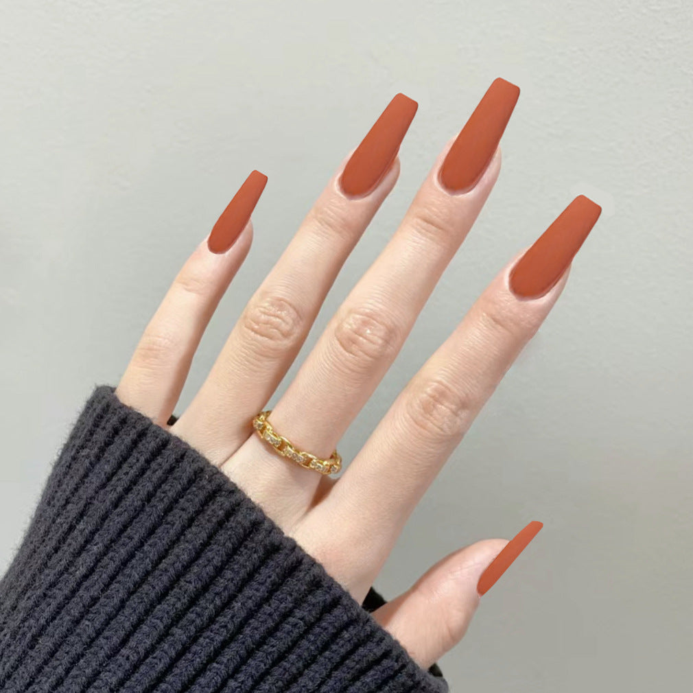 Autumn Vibes Long Coffin Matte Terracotta Press On Nail Set with Elegant Finish