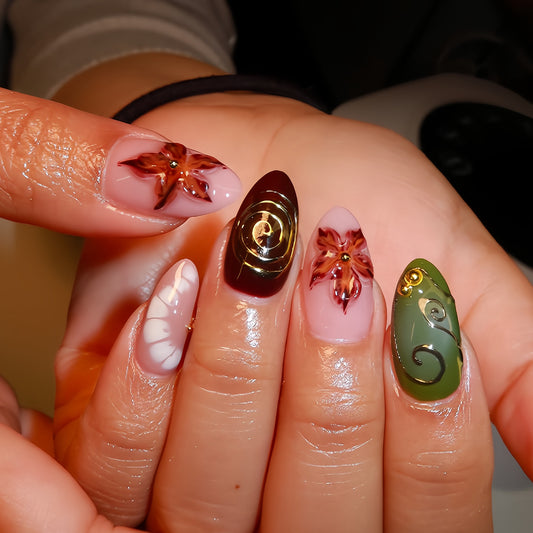 Autumn Elegance Medium Almond Green and Brown Floral Press On Nail Set