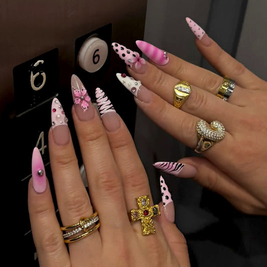 Glamorous Butterfly Theme Long Stiletto Pink Gradient Press On Nail Set with Sparkling Accents