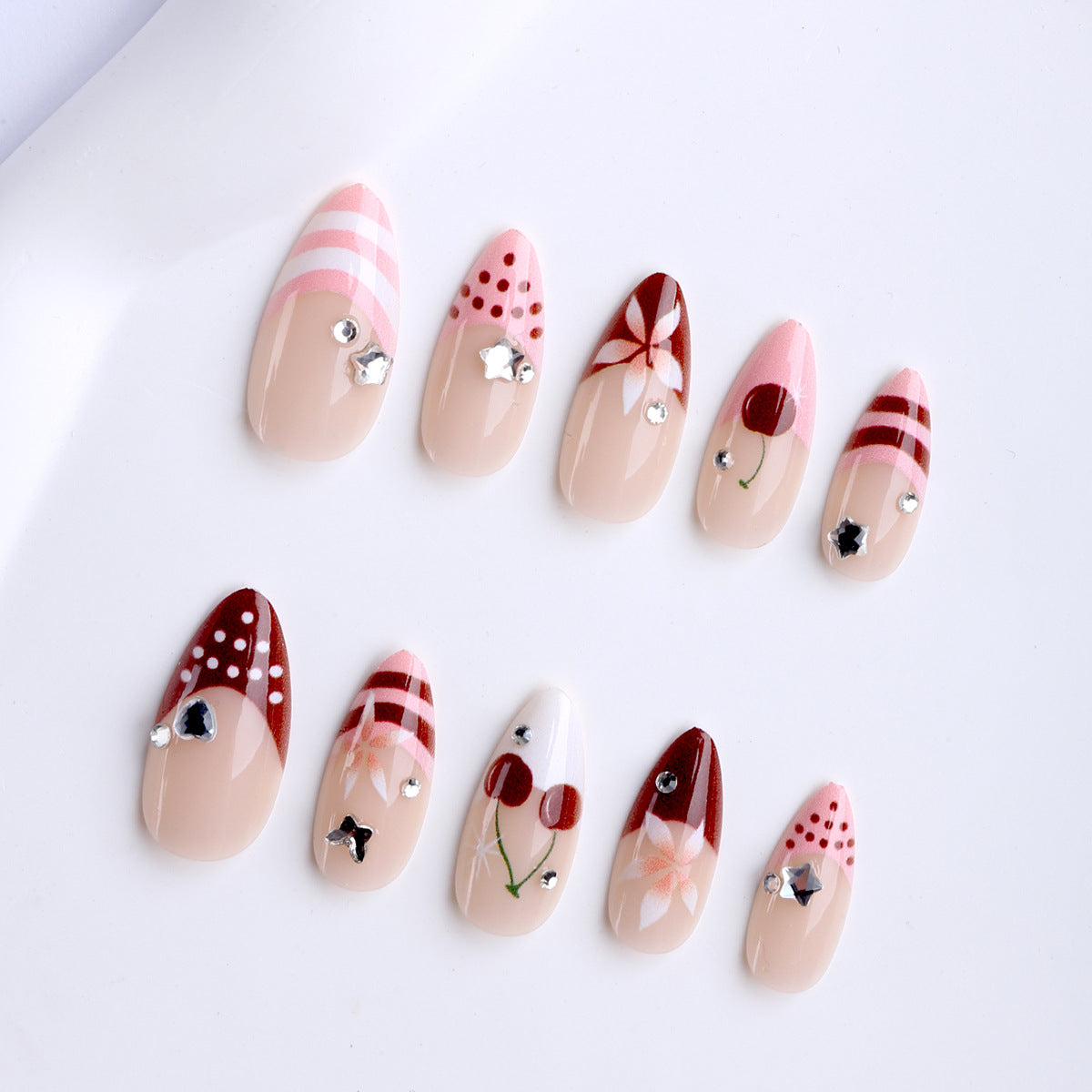 Sweet Treats Long Almond Blush Pink with Rhinestone Accents Press on Nail Set