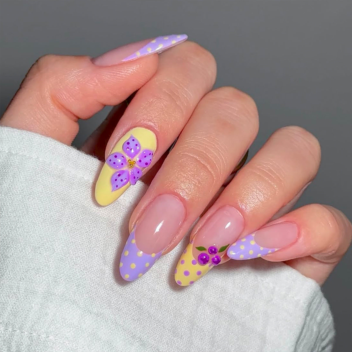 Floral Delight Medium Almond Purple and Yellow with Charming Flower Accents