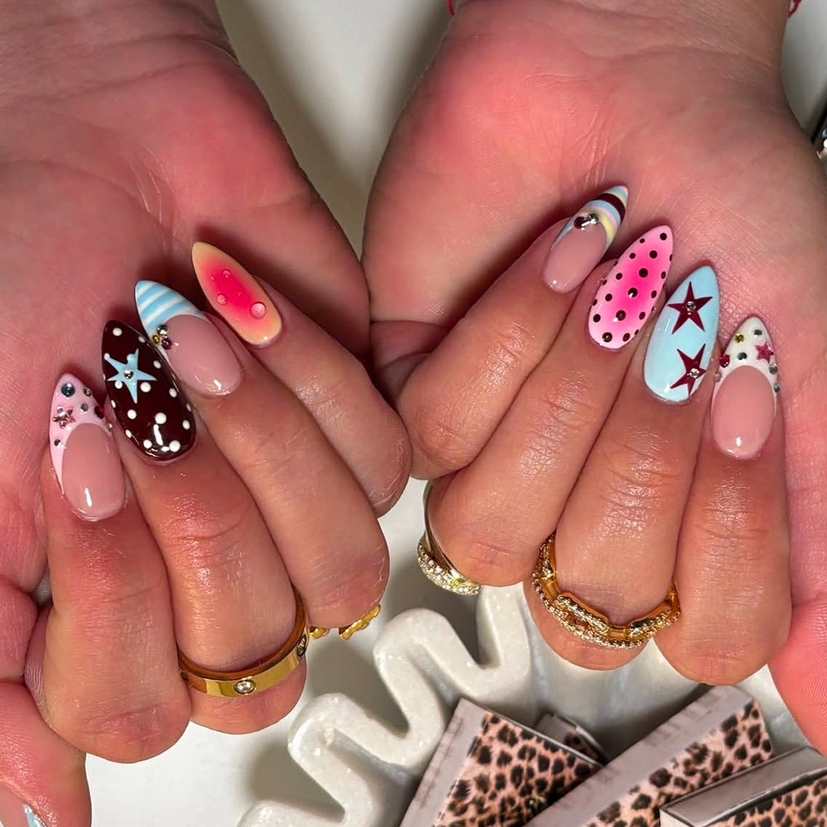 Whimsical Starry Almond Long Press On Nail Set with Colorful Patterns