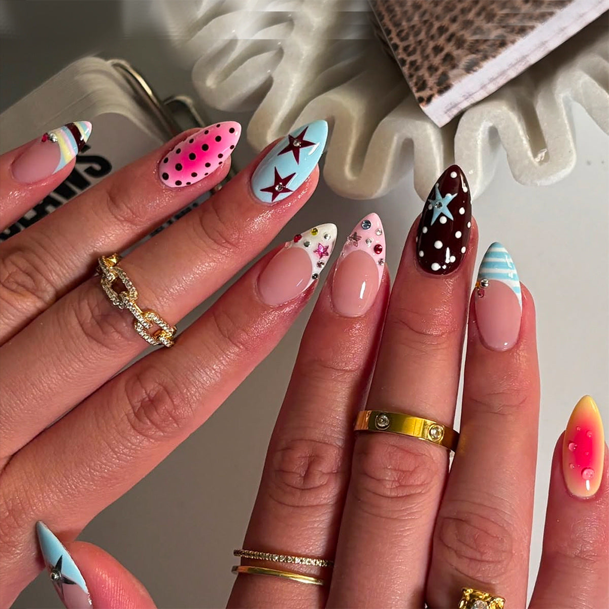 Whimsical Chic Medium Almond Pink with Sparkling Embellishments Press on Nail Set